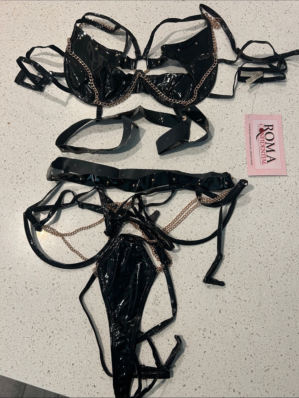 Roma Black Patent Vinyl Strappy Bra & Thong Set with Gold Chains